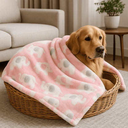 Couverture-pour-chien-anti-poils-douillette-polaire-anti-bouloche-résistante et solide-lavable en machine-disponible en 2 tailles M et L pour chiens de toute taille, disponible en 3 coloris bleu, rose et jaune avec motif mignon d'éléphant-un chien de grande taille couché dans son panier en osier enveloppé au chaud dans sa couverture ultra-douce et hypoallergénique de couleur rose dans le salon de la maison