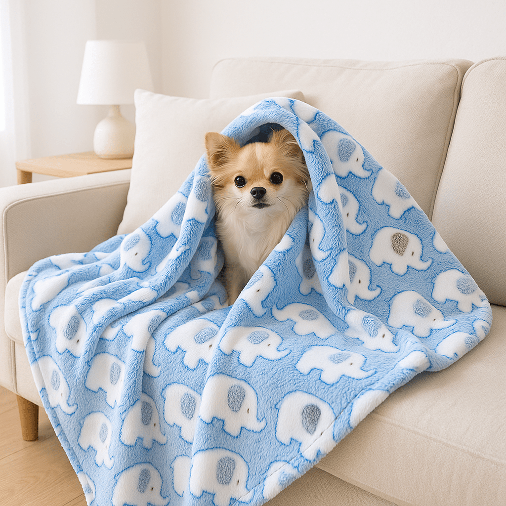 Couverture-pour-chien-anti-poils-douillette-polaire-anti-bouloche-résistante et solide-lavable en machine-disponible en 2 tailles M et L pour chiens de toute taille, disponible en 3 coloris bleu, rose et jaune avec motif mignon d'éléphant-un chien de petite taille assis sur le canapé enveloppé au chaud dans sa couverture ultra-douce et hypoallergénique de couleur bleue dans le salon de l'appartement