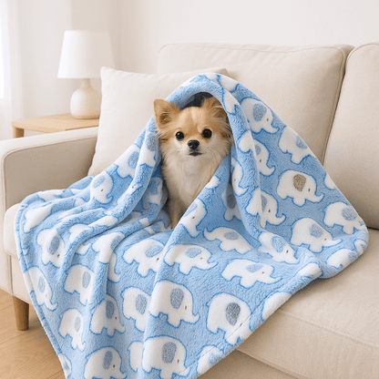 Couverture-pour-chien-anti-poils-douillette-polaire-anti-bouloche-résistante et solide-lavable en machine-disponible en 2 tailles M et L pour chiens de toute taille, disponible en 3 coloris bleu, rose et jaune avec motif mignon d'éléphant-un chien de petite taille assis sur le canapé enveloppé au chaud dans sa couverture ultra-douce et hypoallergénique de couleur bleue dans le salon de l'appartement