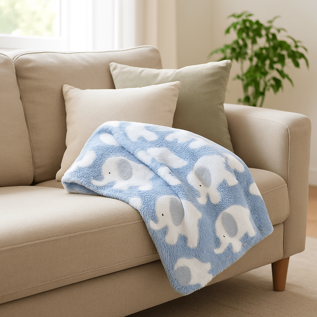 Couverture-pour-chien-anti-poils-douillette-polaire-anti-bouloche-résistante et solide-lavable en machine-disponible en 2 tailles M et L pour chiens de toute taille, disponible en 3 coloris bleu, rose et jaune avec motif mignon d'éléphant-de couleur bleu