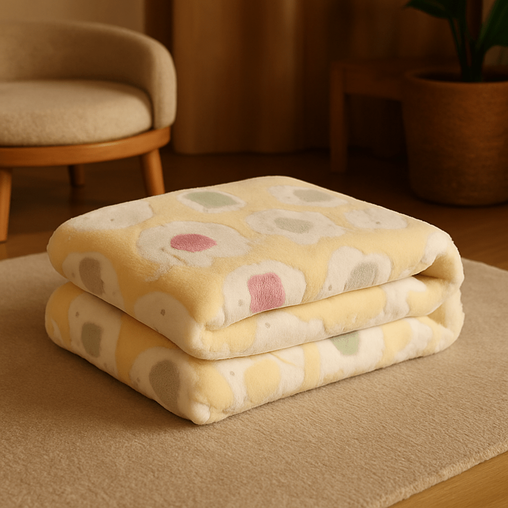 Couverture-pour-chien-anti-poils-douillette-polaire-anti-bouloche-résistante et solide-lavable en machine-disponible en 2 tailles M et L pour chiens de toute taille, disponible en 3 coloris bleu, rose et jaune avec motif mignon d'éléphant-de couleur jaune