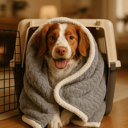 Couverture-pour-chien-impermeable-anti-poils-design brodé, coutures soignée avec bordures solides-résistante aux griffes et morsure-en coton-double face été et polaire en hiver, polyvalente, transportable et légère-lavable en machine-un chien moyen enveloppé dans sa couverture grise dans sa cage de transport d