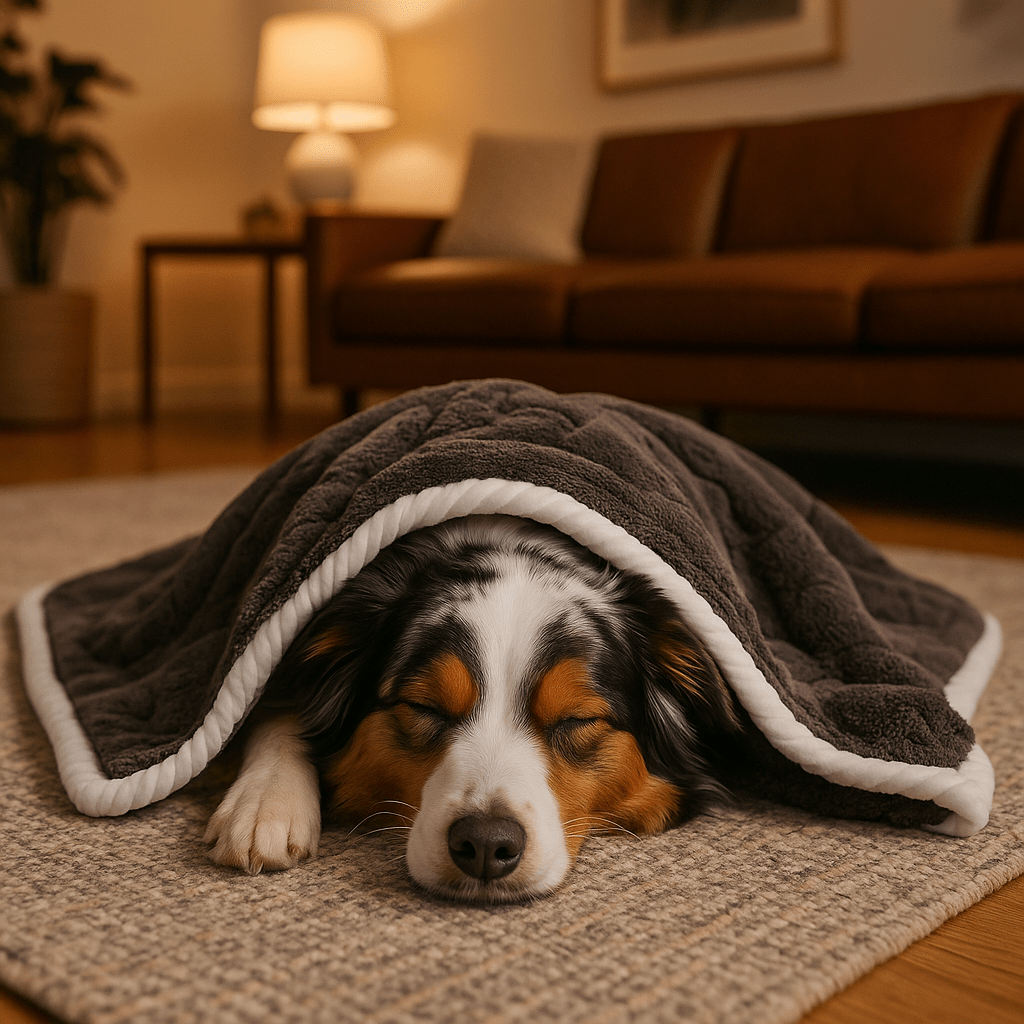 Couverture-pour-chien-impermeable-anti-poils-design brodé, coutures soignée avec bordures solides-résistante aux griffes et morsure-en coton-double face été et polaire en hiver, polyvalente, transportable et légère-lavable en machine-un chien de grande taille qui dort profondément enveloppé dans sa couverture grise sur le sol du salon