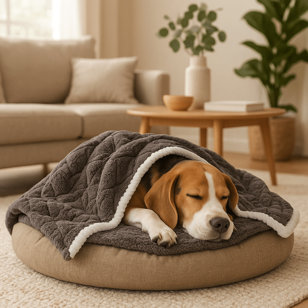 Couverture-pour-chien-imperméable-anti-poils-design brodé, coutures soignée avec bordures solides-résistante aux griffes et morsure-en coton-double face été et polaire en hiver, polyvalente, transportable et légère-lavable en machine-un petit chien qui dort profondément enveloppé dans sa couverture grise dans son coussin dans le salon de l'appartement