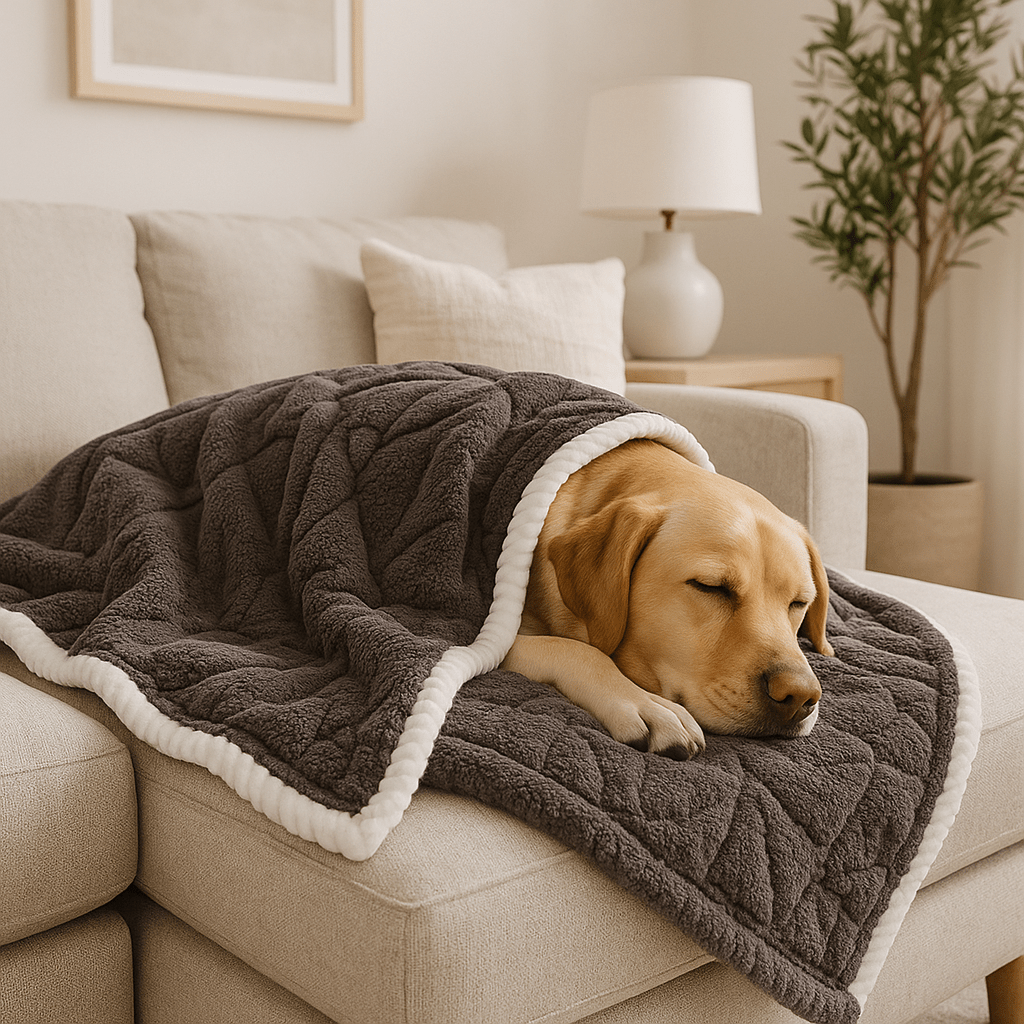 Couverture-pour-chien-imperméable-anti-poils-design brodé, coutures soignée avec bordures solides-résistante aux griffes et morsure-en coton-double face été et polaire en hiver, polyvalente, transportable et légère-lavable en machine-un chien de grande taille qui dort profondément enveloppé dans sa couverture couleur café sur le canapé du salon