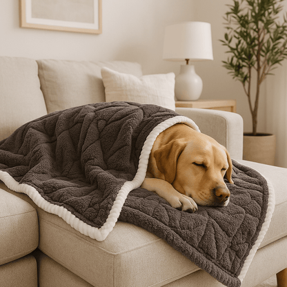 Couverture-pour-chien-imperméable-anti-poils-design brodé, coutures soignée avec bordures solides-résistante aux griffes et morsure-en coton-double face été et polaire en hiver, polyvalente, transportable et légère-lavable en machine-un chien de grande taille qui dort profondément enveloppé dans sa couverture couleur café sur le canapé du salon