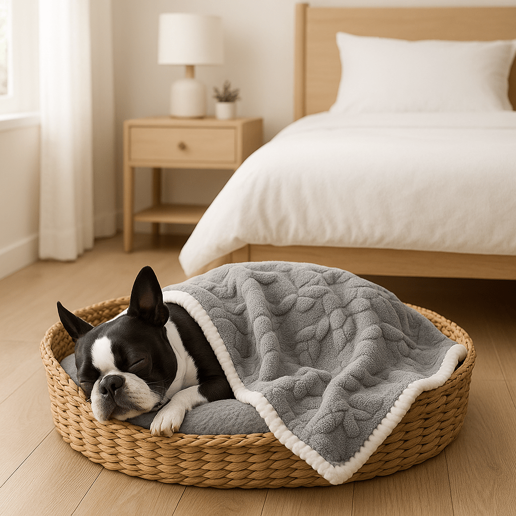 Couverture-pour-chien-impermeable-anti-poils-design brodé, coutures soignée avec bordures solides-résistante aux griffes et morsure-en coton-double face été et polaire en hiver, polyvalente, transportable et légère-lavable en machine-un chien de taille moyenne qui dort profondément enveloppé dans sa couverture grise dans son panier en osier dans la chambre de la maison