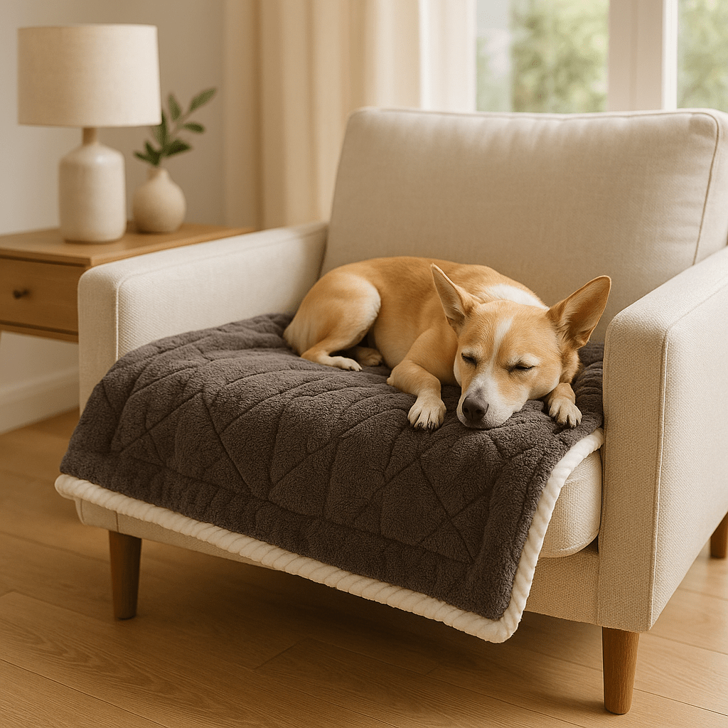 Couverture-pour-chien-impermeable-anti-poils-design brodé, coutures soignée avec bordures solides-résistante aux griffes et morsure-en coton-double face été et polaire en hiver, polyvalente, transportable et légère-lavable en machine-un chien de petite taille qui dort profondément enveloppé dans sa couverture marron sur le fauteuil  de l'appartement