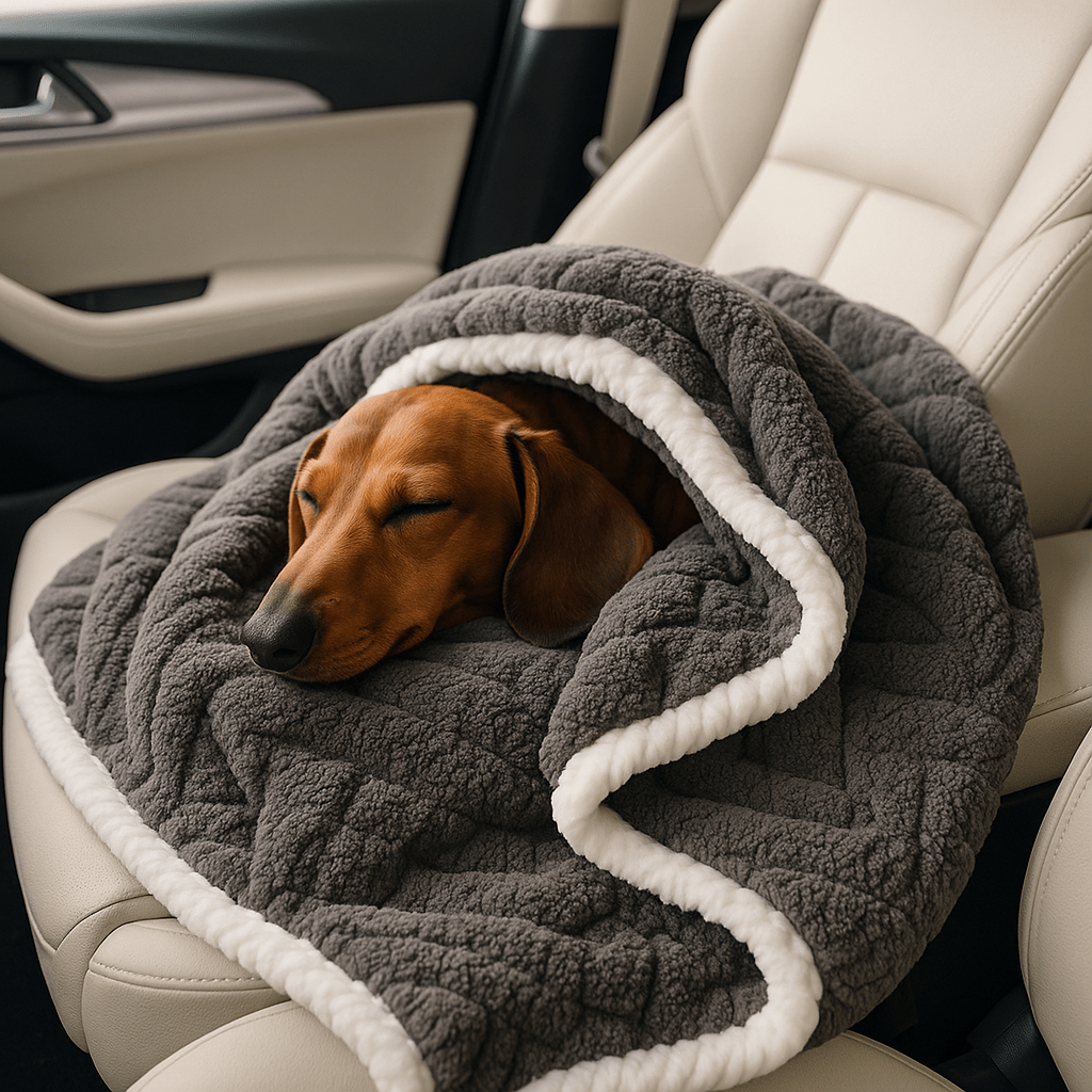 Couverture-pour-chien-impermeable-anti-poils-design brodé, coutures soignée avec bordures solides-résistante aux griffes et morsure-en coton-double face été et polaire en hiver, polyvalente, transportable et légère-lavable en machine-un chien de moyenne taille qui dort profondément enveloppé dans sa couverture grise sur les sièges de la voiture