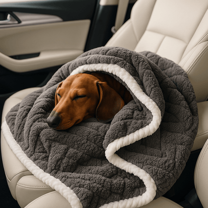 Couverture-pour-chien-impermeable-anti-poils-design brodé, coutures soignée avec bordures solides-résistante aux griffes et morsure-en coton-double face été et polaire en hiver, polyvalente, transportable et légère-lavable en machine-un chien de moyenne taille qui dort profondément enveloppé dans sa couverture grise sur les sièges de la voiture