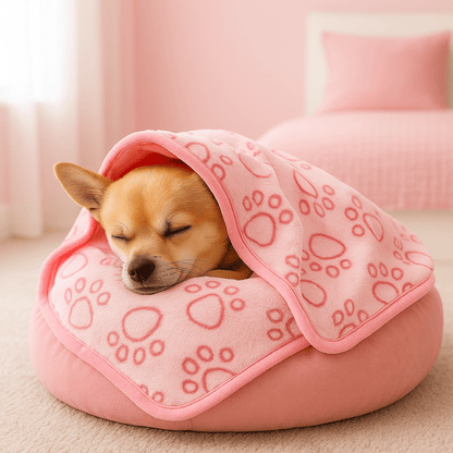 Couverture-pour-chien-lavable-design-pattes de chien en flanelle douce et résistante, ultradouce et chaude, double face pour chien de toute taille et races, lavable en machine et passe au sèche linge, solide et durable pour maison, transport, cage, panier, lit, coussin-un chien qui dort paisiblement enveloppé dans sa couverture rose dans son panier rond dans la chambre de l'appartement