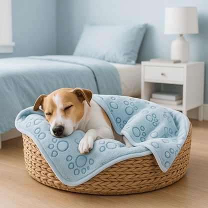 Couverture-pour-chien-lavable-design-pattes de chien en flanelle douce et résistante, ultradouce et chaude, double face pour chien de toute taille et races, lavable en machine et passe au sèche linge, solide et durable pour maison, transport, cage, panier, lit, coussin-un chien de petite taille qui dort paisiblement enveloppé dans sa couverture bleue dans son panier en rotin dans la chambre de l'appartement