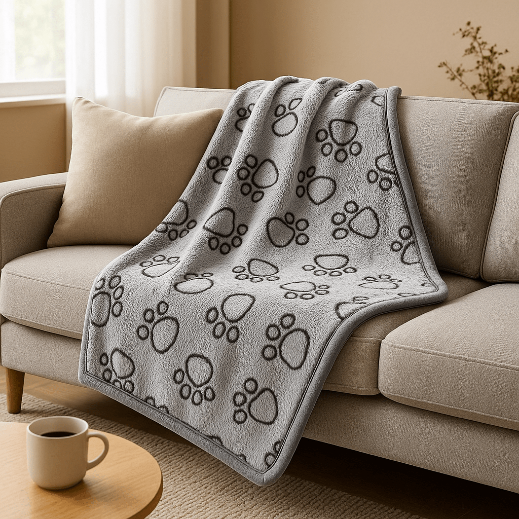 Couverture-pour-chien-lavable-design-pattes de chien en flanelle douce et résistante, ultradouce et chaude, double face pour chien de toute taille et races, lavable en machine et passe au sèche linge, solide et durable pour maison, transport, cage, panier, lit, coussin-de couleurs gris en taille M et L