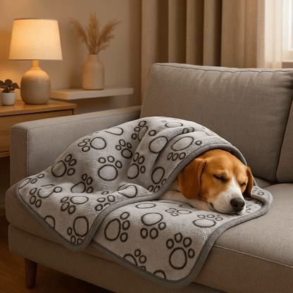 Couverture-pour-chien-lavable-design-pattes de chien en flanelle douce et résistante, ultradouce et chaude, double face pour chien de toute taille et races, lavable en machine et passe au sèche linge, solide et durable pour maison, transport, cage, panier, lit, coussin-un chien de taille moyenne qui dort paisiblement enveloppé dans sa couverture grise sur le canapé de l'appartement