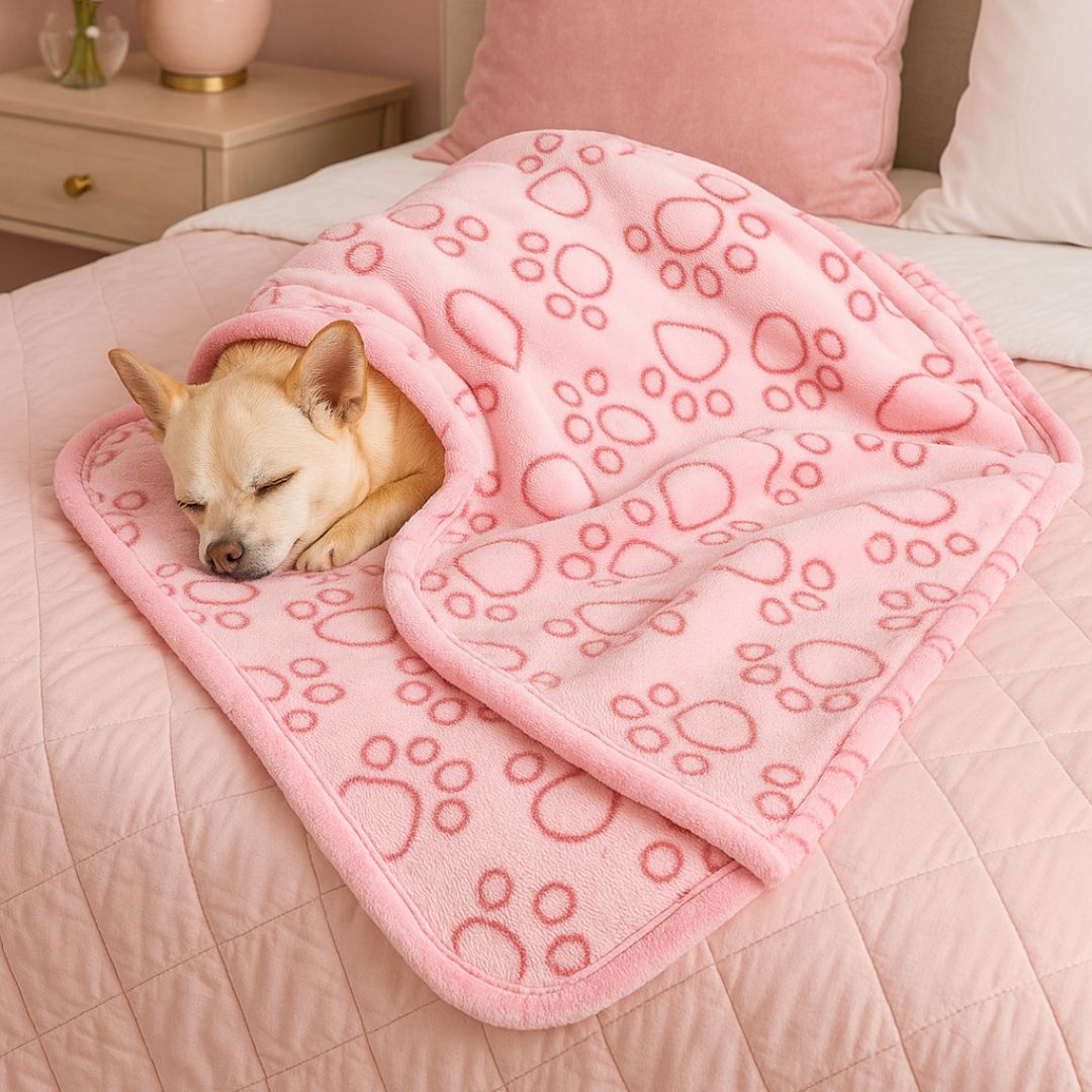 Couverture-pour-chien-lavable-design-pattes de chien en flanelle douce et résistante, ultradouce et chaude, double face pour chien de toute taille et races, lavable en machine et passe au sèche linge, solide et durable pour maison, transport, cage, panier, lit, coussin-un chihuahua qui dort paisiblement enveloppé dans sa couverture rose sur le lit dans la chambre de l'appartement