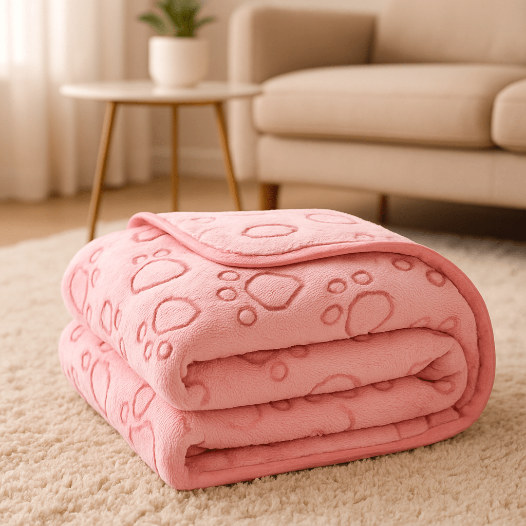 Couverture-pour-chien-lavable-design-pattes de chien en flanelle douce et résistante, ultradouce et chaude, double face pour chien de toute taille et races, lavable en machine et passe au sèche linge, solide et durable pour maison, transport, cage, panier, lit, coussin-de couleur rose en taille M et L