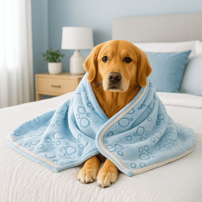 Couverture-pour-chien-lavable-design-pattes de chien en flanelle douce et résistante, ultradouce et chaude, double face pour chien de toute taille et races, lavable en machine et passe au sèche linge, solide et durable pour maison, transport, cage, panier, lit, coussin-un grand chien enveloppé dans sa couverture bleue couché sur le lit de sa maitresse dans la chambre de la maison