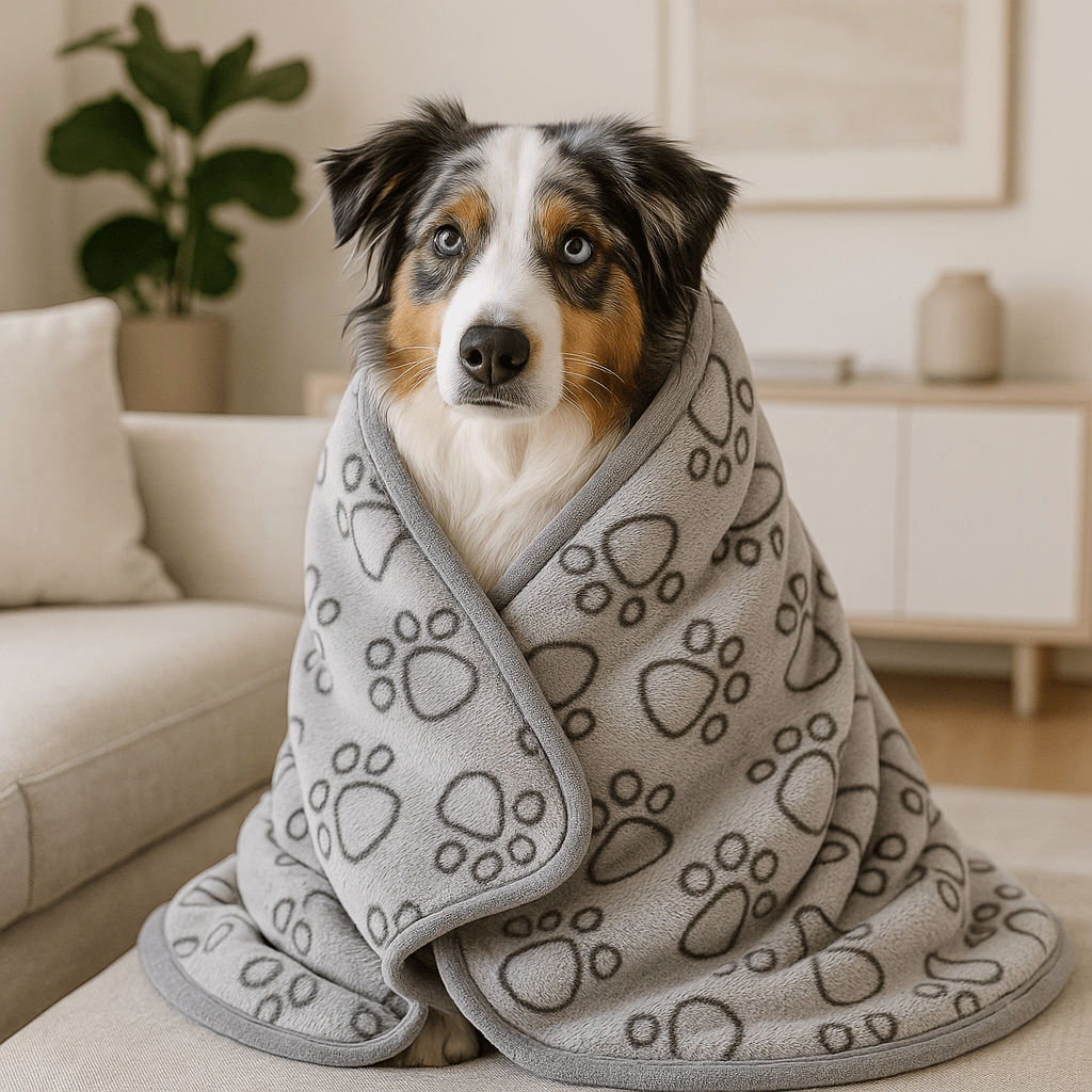 Couverture-pour-chien-lavable-design-pattes de chien en flanelle douce et résistante, ultradouce et chaude, double face pour chien de toute taille et races, lavable en machine et passe au sèche linge, solide et durable pour maison, transport, cage, panier, lit, coussin-un grand chien assis et enveloppé dans sa couverture chaude dans le salon de l'appartement