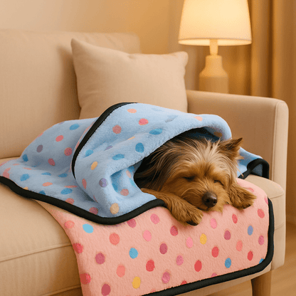 Couverture-pour-chien-chaude-lot de 2 couvertures polaire ultra-douce en coton, 2 tailles : M et L pour toute taille de chien-solide et résistante, polyvalente et lavable en machine-un petit chien qui dort paisiblement sur sa grande couverture sur le canapé du salon et l'autre couverture sur lui au chaud 