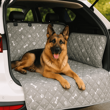 Couverture-pour-chien-pour-voiture-universelle-avec-sangle appuie tête avec protections latérales pour le coffre de la voiture-lavable en machine, 100% imperméable, résistant aux griffes et morsures, épais et rembourré confortable et anti-poils et saletés-un grand chien couché confortablement  sur la housse protectrice dans le coffre de la voiture type berline
