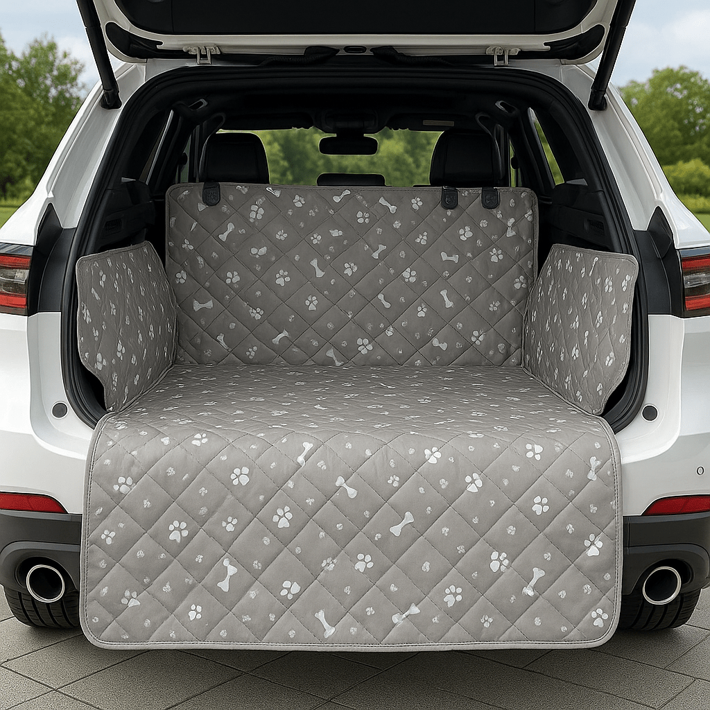 Couverture-pour-chien-pour-voiture-universelle-avec-sangle appuie tête avec protections latérales pour le coffre de la voiture-lavable en machine, 100% imperméable, résistant aux griffes et morsures, épais et rembourré confortable et anti-poils et saletés-une housse de protection pour le coffre et sièges arières de couleur gris 