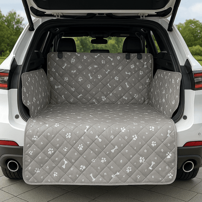 Couverture-pour-chien-pour-voiture-universelle-avec-sangle appuie tête avec protections latérales pour le coffre de la voiture-lavable en machine, 100% imperméable, résistant aux griffes et morsures, épais et rembourré confortable et anti-poils et saletés-une housse de protection pour le coffre et sièges arières de couleur gris 