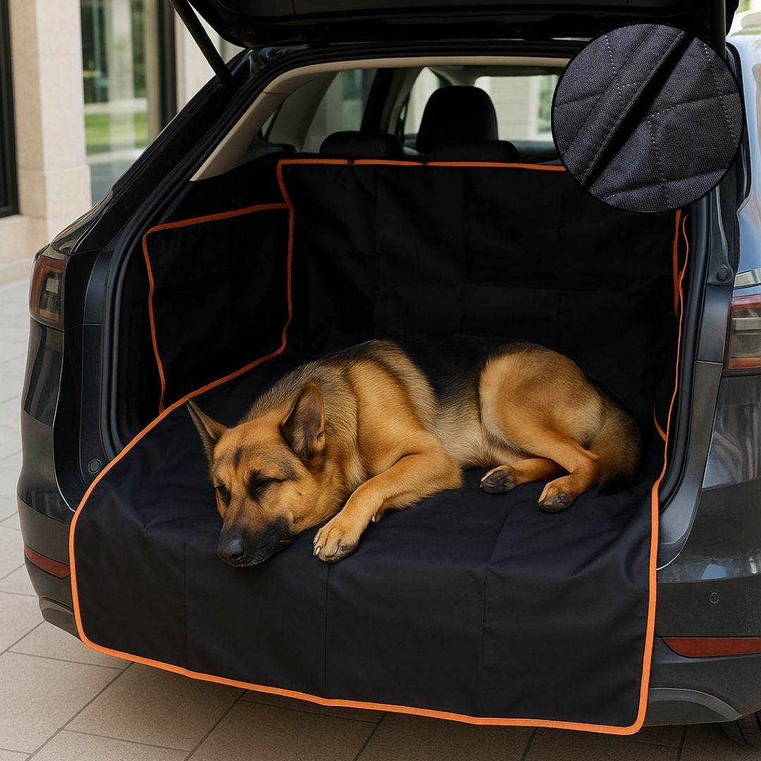 Couverture-pour-chien-pour-voiture-protège coffre-avec-sangle universelle, imperméable et résistant et adaptable, coutures solides, pliable et lavable-un Berger Allemand qui dort paisiblement sur la protection dans le coffre de la voiture type monospace familial 