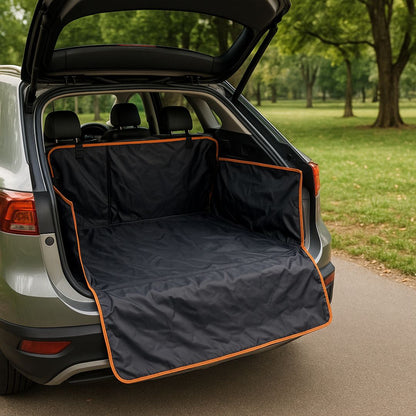 Couverture-pour-chien-pour-voiture-protège coffre-avec-sangle universelle, imperméable et résistant et adaptable, coutures solides, pliable et lavable-anti poils de couleur noir et orange 