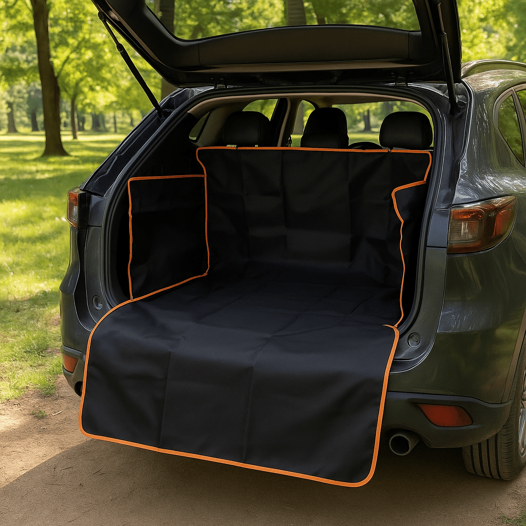 Couverture-pour-chien-pour-voiture-protège coffre-avec-sangle universelle, imperméable et résistant et adaptable, coutures solides, pliable et lavable-avec protction latérale et dossier des sièges arrières de couleur noir