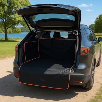 Couverture-pour-chien-pour-voiture-protège coffre-avec-sangle universelle, imperméable et résistant et adaptable, coutures solides, pliable et lavable-de couleur noir pour tous types de voitures