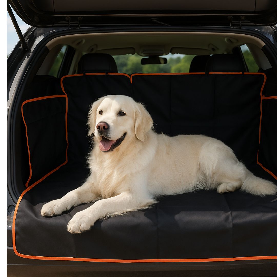 Couverture-pour-chien-pour-voiture-protège coffre-avec-sangle universelle, imperméable et résistant et adaptable, coutures solides, pliable et lavable-un Golden retriever couché confortablement sur la protection dans le coffre de la voiture type berline 