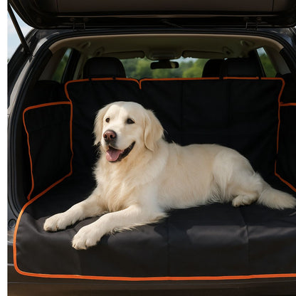 Couverture-pour-chien-pour-voiture-protège coffre-avec-sangle universelle, imperméable et résistant et adaptable, coutures solides, pliable et lavable-un Golden retriever couché confortablement sur la protection dans le coffre de la voiture type berline 