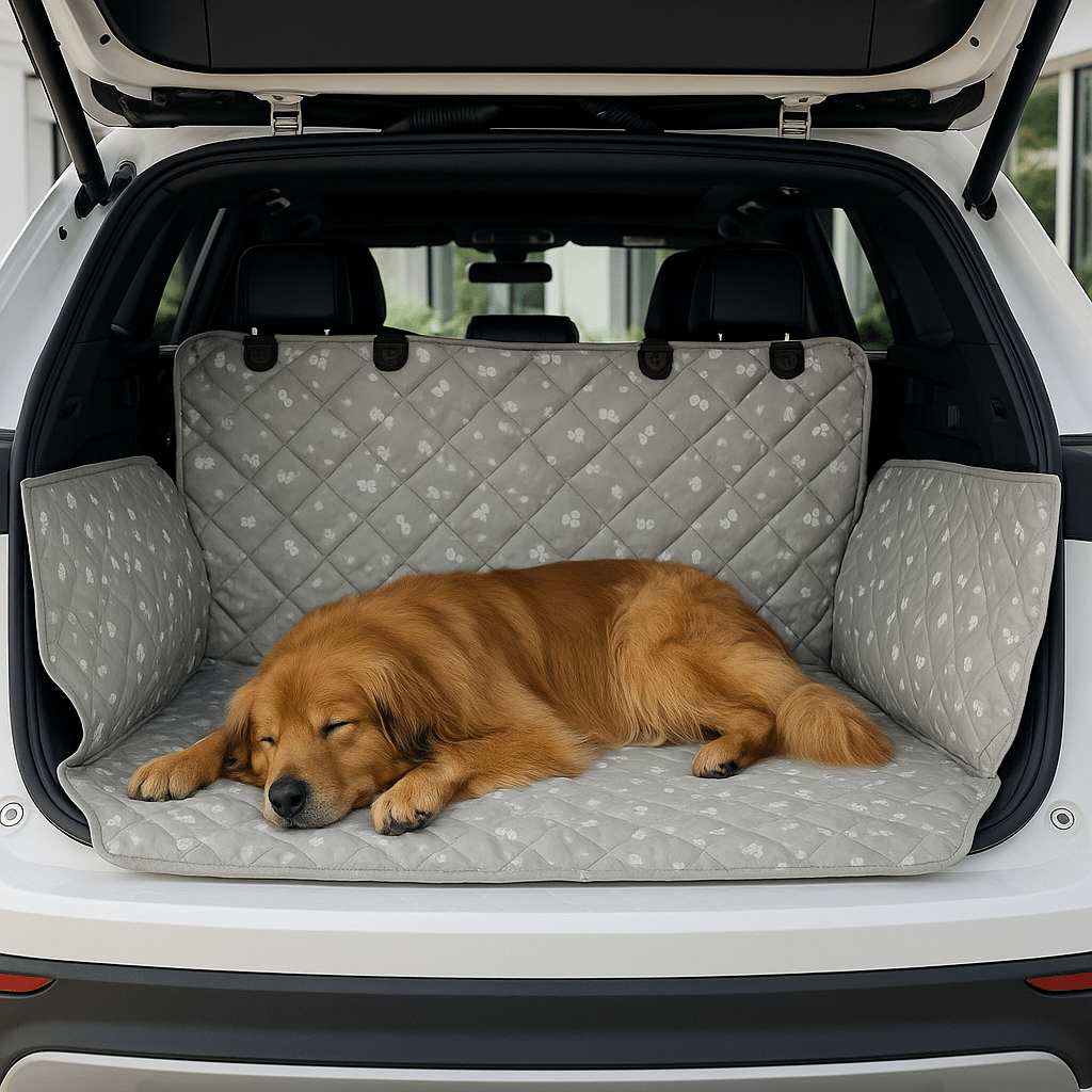 Couverture-pour-chien-pour-voiture-universelle-avec-sangle appuie tête avec protections latérales pour le coffre de la voiture-lavable en machine, 100% imperméable, résistant aux griffes et morsures, épais et rembourré confortable et anti-poils et saletés-un chien à poils longs qui dort paisiblement couché sur la housse protectrice dans le coffre de la voiture type monospace