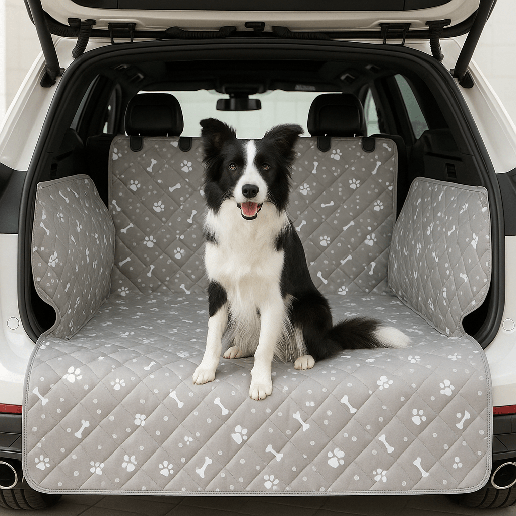 Couverture-pour-chien-pour-voiture-universelle-avec-sangle appuie tête avec protections latérales pour le coffre de la voiture-lavable en machine, 100% imperméable, résistant aux griffes et morsures, épais et rembourré confortable et anti-poils et saletés-un chien de taille moyenne assis confortablement assis sur la housse protectrice dans le coffre de la voiture type 4x4