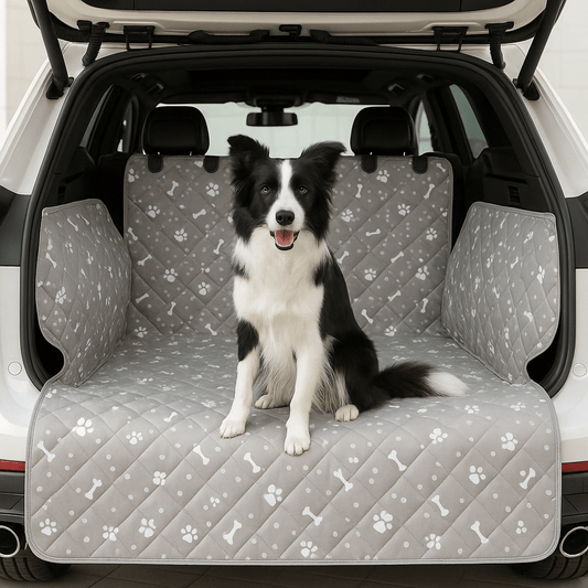 Couverture-pour-chien-pour-voiture-universelle-avec-sangle appuie tête avec protections latérales pour le coffre de la voiture-lavable en machine, 100% imperméable, résistant aux griffes et morsures, épais et rembourré confortable et anti-poils et saletés-un chien de taille moyenne assis confortablement assis sur la housse protectrice dans le coffre de la voiture type 4x4