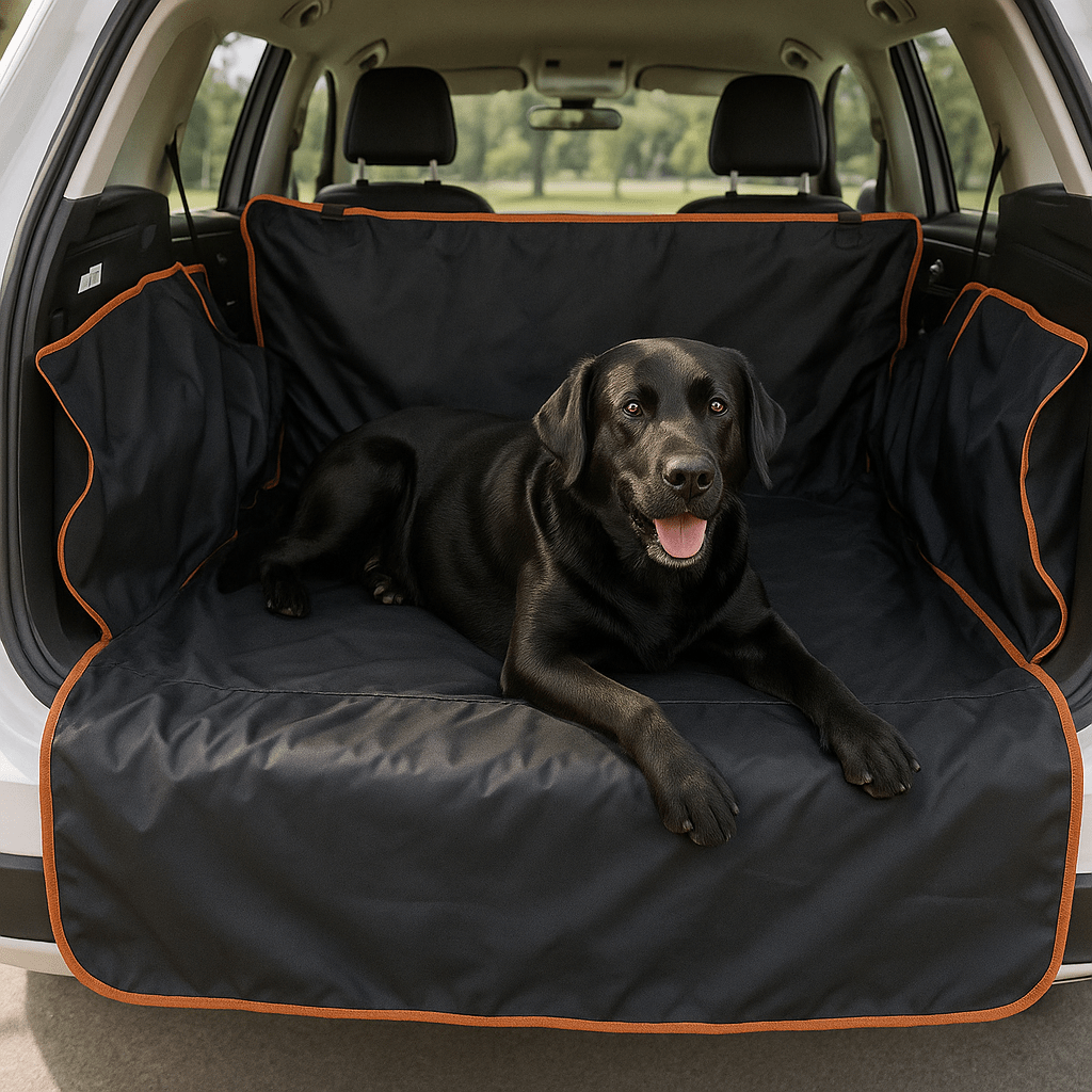 Couverture-pour-chien-pour-voiture-protège coffre-avec-sangle universelle, imperméable et résistant et adaptable, coutures solides, pliable et lavable-un grand chien couché confortablement sur la protection dans le coffre de la voiture type SUV