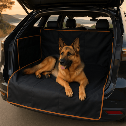 Couverture-pour-chien-pour-voiture-protège coffre-avec-sangle universelle, imperméable et résistant et adaptable, coutures solides, pliable et lavable-un grand chien couché confortablement sur la protection dans le coffre de la voiture type berline