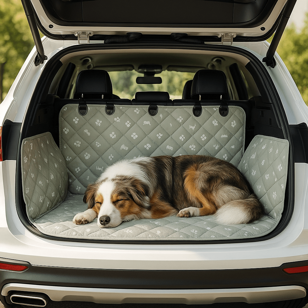 Couverture-pour-chien-pour-voiture-universelle-avec-sangle appuie tête avec protections latérales pour le coffre de la voiture-lavable en machine, 100% imperméable, résistant aux griffes et morsures, épais et rembourré confortable et anti-poils et saletés-un chien moyen à long poils denses aqui dort paisiblement sur la housse protectrice dans le coffre de la voiture type SUV