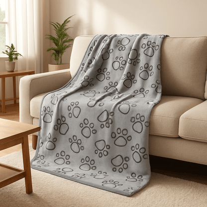 Couverture-pour-chien-protège-canapé polyvalente pour protéger les meubles pour panier, lit, couchage, coussin pour les transports : cage, parc, siège de voiture au design de pattes de chiens de couleur gris de grande taille 104x76 cm lavable en machine et au sèche linge- double face, polaire ultra-douce, anti poils, anti bouloche et résistante pour toutes tailles de chiens-polyvalente et durable