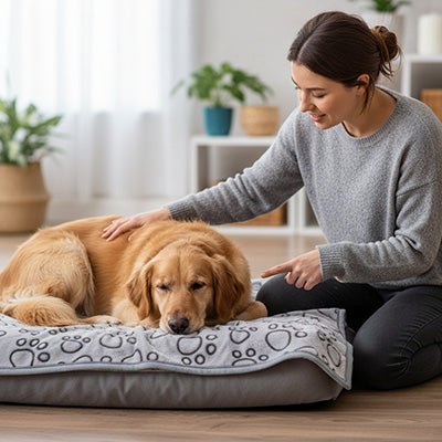 Couverture-pour-chien-protège-canapé polyvalente pour protéger les meubles pour panier, lit, couchage, coussin pour les transports : cage, parc, siège de voiture au design de pattes de chiens de couleur gris de grande taille 104x76 cm lavable en machine et au sèche linge- double face, polaire ultra-douce, anti poils, anti bouloche et résistante pour toutes tailles de chiens-un Golden Retriever couché sur sa couverture chaude sur son lit rectangulaire caressé par sa maitresse dans le salon de la maison