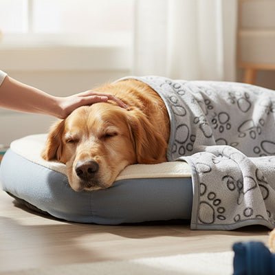 Couverture-pour-chien-protège-canapé polyvalente pour protéger les meubles pour panier, lit, couchage, coussin pour les transports : cage, parc, siège de voiture au design de pattes de chiens de couleur gris de grande taille 104x76 cm lavable en machine et au sèche linge- double face, polaire ultra-douce, anti poils, anti bouloche et résistante pour toutes tailles de chiens-un grand chien qui dort sur sa couverture chaude posée sur son matelas dans le salon de l'appartement