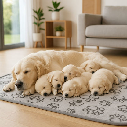 Couverture-pour-chien-protège-canapé polyvalente pour protéger les meubles pour panier, lit, couchage, coussin pour les transports : cage, parc, siège de voiture au design de pattes de chiens de couleur gris de grande taille 104x76 cm lavable en machine et au sèche linge- double face, polaire ultra-douce, anti poils, anti bouloche et résistante pour toutes tailles de chiens-un chienne qui dort allongé avec ses chiots contre elle sur sa couverture chaude sur le sol de la maison