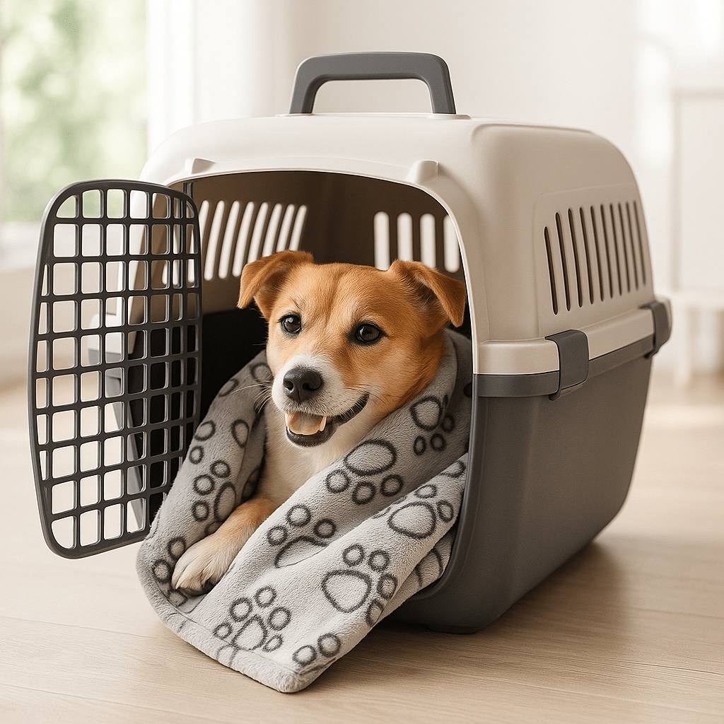 Couverture-pour-chien-protège-canapé polyvalente pour protéger les meubles pour panier, lit, couchage, coussin pour les transports : cage, parc, siège de voiture au design de pattes de chiens de couleur gris de grande taille 104x76 cm lavable en machine et au sèche linge- double face, polaire ultra-douce, anti poils, anti bouloche et résistante pour toutes tailles de chiens-un petit chien niché dans sa couverture chaude dans sa cage dans le salon de la maison