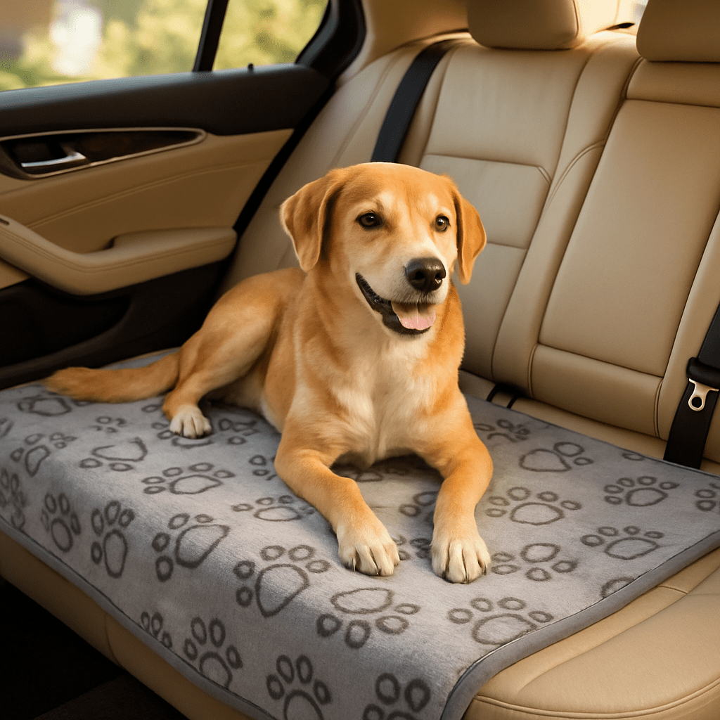 Couverture-pour-chien-protège-canapé polyvalente pour protéger les meubles pour panier, lit, couchage, coussin pour les transports : cage, parc, siège de voiture au design de pattes de chiens de couleur gris de grande taille 104x76 cm lavable en machine et au sèche linge- double face, polaire ultra-douce, anti poils, anti bouloche et résistante pour toutes tailles de chiens-un chien de grande taille couché sur sa couverture chaude sur les sièges arrière cuir de la voiture  