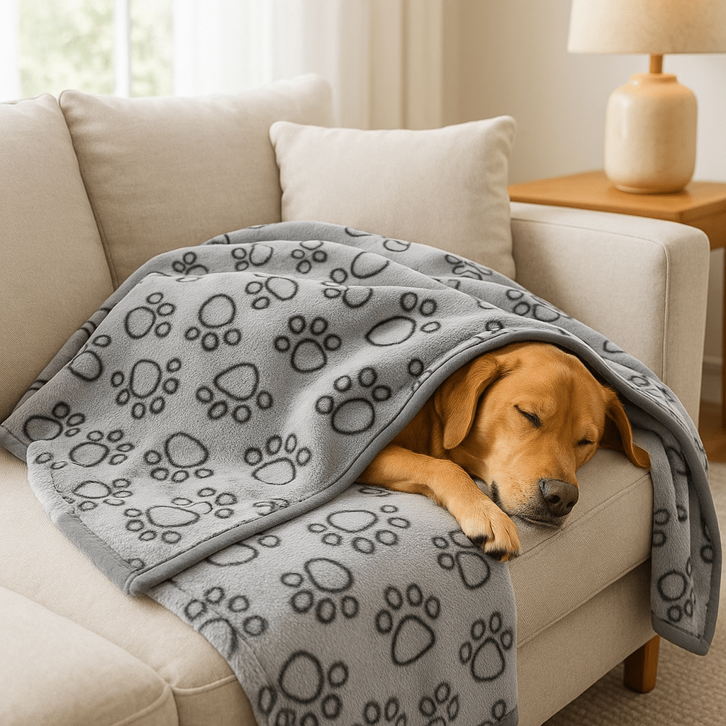 Couverture-pour-chien-protège-canapé polyvalente pour protéger les meubles pour panier, lit, couchage, coussin pour les transports : cage, parc, siège de voiture au design de pattes de chiens de couleur gris de grande taille 104x76 cm lavable en machine et au sèche linge- double face, polaire ultra-douce, anti poils, anti bouloche et résistante pour toutes tailles de chiens-un chien qui dort en boule sous sa couverture chaude sur le canapé du  salon de l'appartement