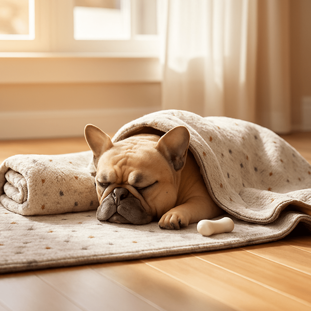 Couverture-pour-chien-chaude-lot de 2 couvertures polaire ultra-douce en coton, 2 tailles : M et L pour toute taille de chien-solide et résistante, polyvalente et lavable en machine-un chien moyen qui dort paisiblement sur sa grande couverture sur le sol du salon et l'autre couverture sur lui au chaud de couleur marron