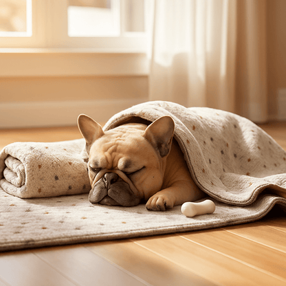 Couverture-pour-chien-chaude-lot de 2 couvertures polaire ultra-douce en coton, 2 tailles : M et L pour toute taille de chien-solide et résistante, polyvalente et lavable en machine-un chien moyen qui dort paisiblement sur sa grande couverture sur le sol du salon et l'autre couverture sur lui au chaud de couleur marron