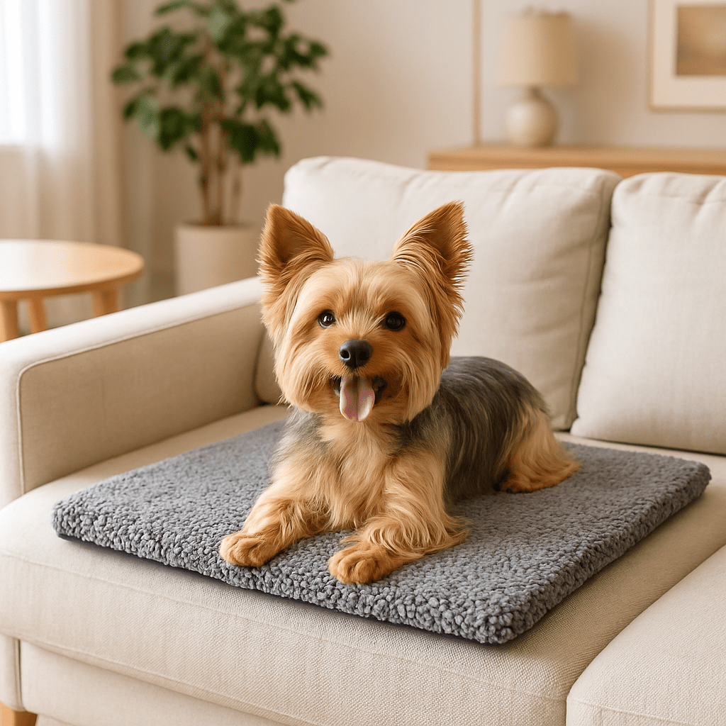 Couverture-chauffante-pour-chien-déhoussable-lavable en machine, ultra doux, antidérapant, auto-chauffant pour chien de toutes tailles du petit au grand de la taille du S au XL-sans électricité, sans prise et sans danger-un petit chien couché confortablement sur le tapis qui réfléchit naturellement la chaleur du corps sur le canapé dans le salon de l'appartement