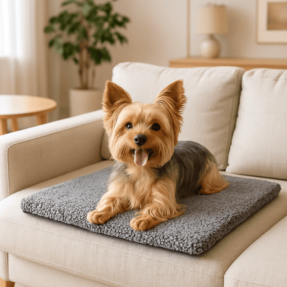 Couverture-chauffante-pour-chien-déhoussable-lavable en machine, ultra doux, antidérapant, auto-chauffant pour chien de toutes tailles du petit au grand de la taille du S au XL-sans électricité, sans prise et sans danger-un petit chien couché confortablement sur le tapis qui réfléchit naturellement la chaleur du corps sur le canapé dans le salon de l'appartement