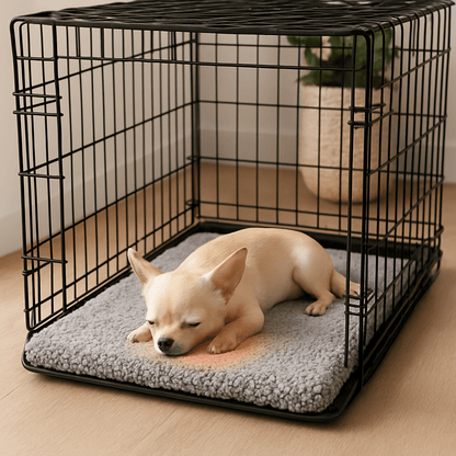 Couverture-chauffante-pour-chien-déhoussable-lavable en machine, ultra doux, antidérapant, auto-chauffant pour chien de toutes tailles du petit au grand de la taille du S au XL-sans électricité, sans prise et sans danger-un chien de taille miniature qui dort paisiblement sur le tapis de taille S qui réfléchit naturellement la chaleur du corps dans sa cage  